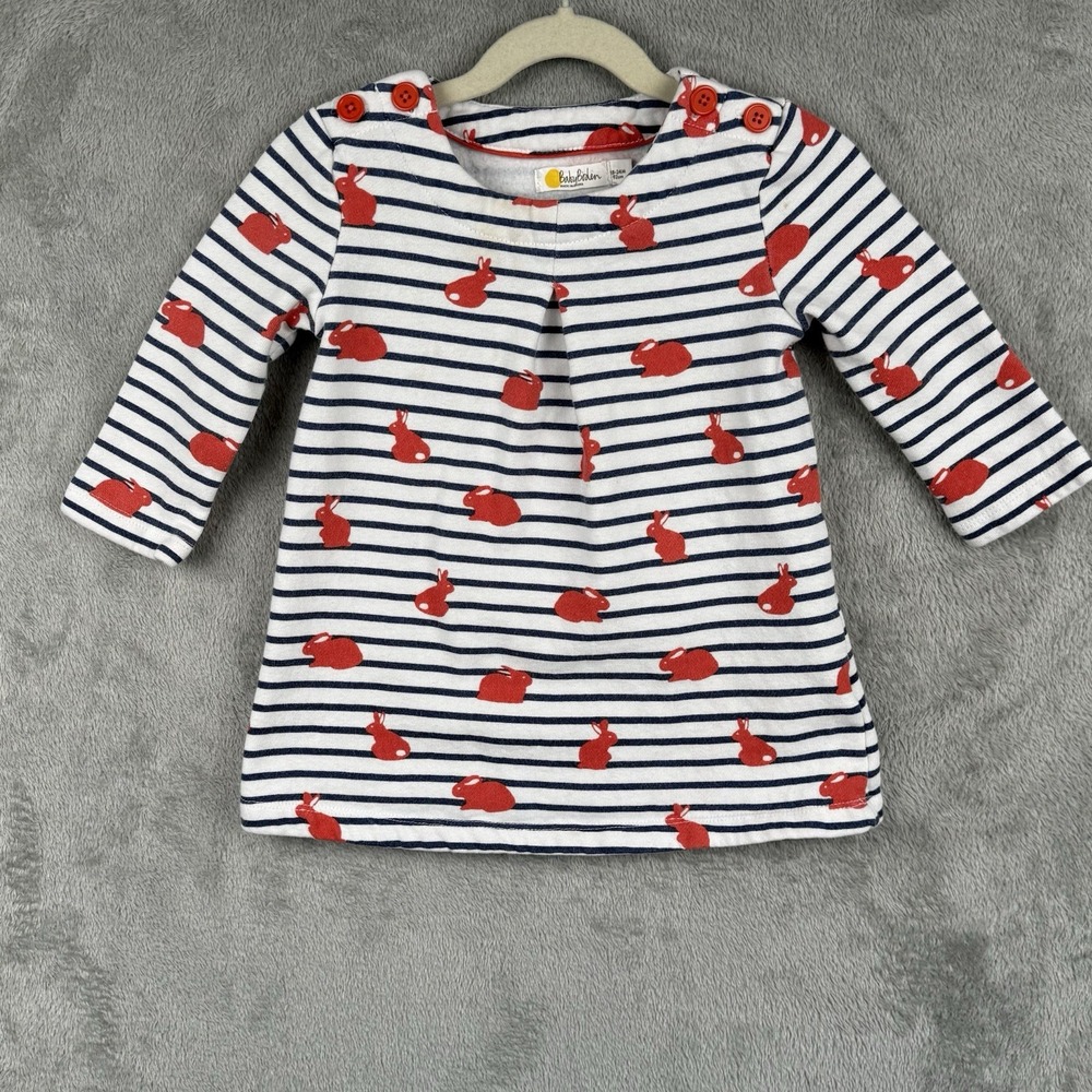 Baby Boden Girls 18-24 Months Striped Bunny Easter Fleece Dress Long Sleeve
